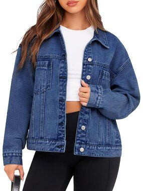 Women's Denim Blue Oversized Jean Jacket Casual Long Sleeve Button Down Jacket